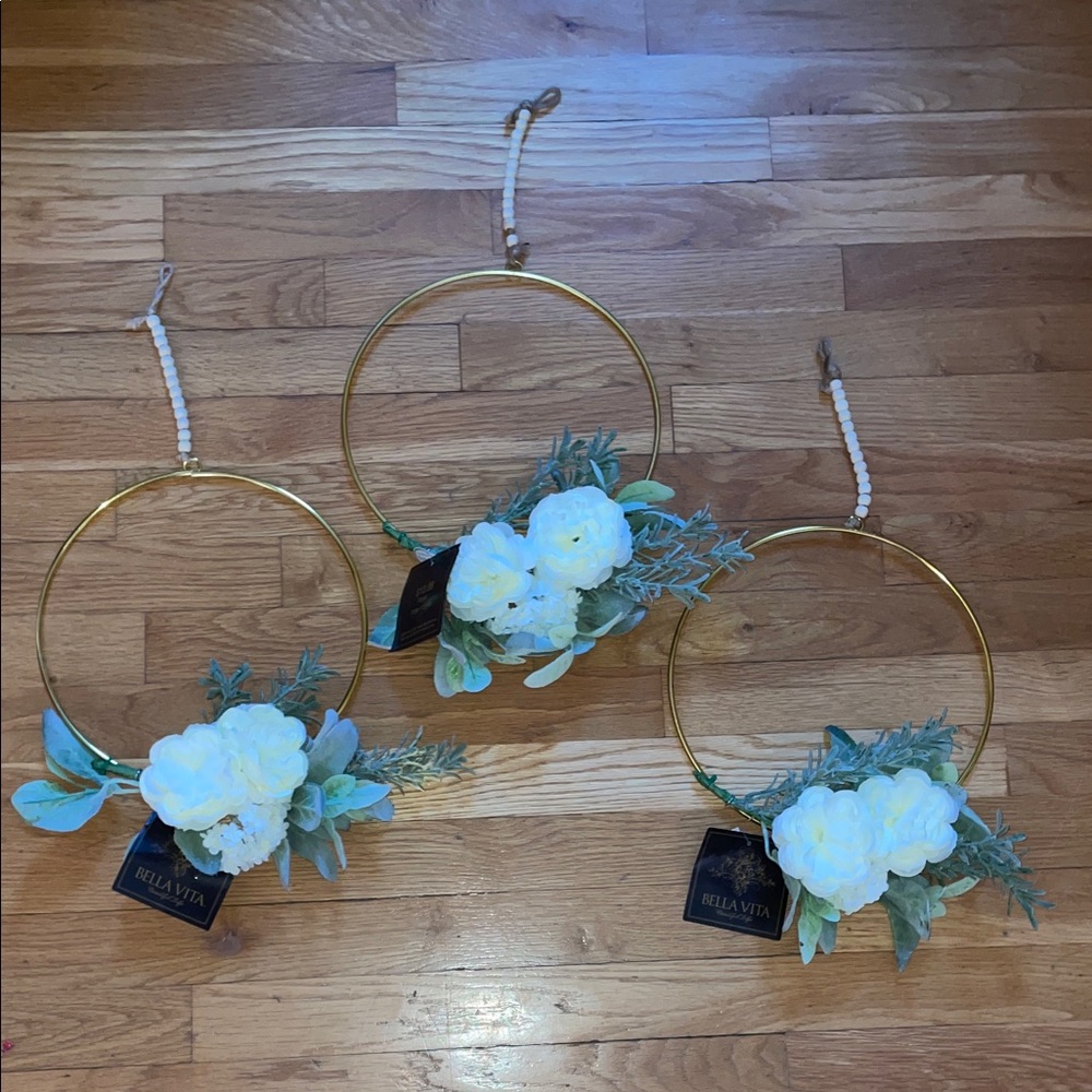 NWT 3 Bella Vita Gold Hoop Boho Wreaths with White Florals/Lambs Ear - 10 Inches